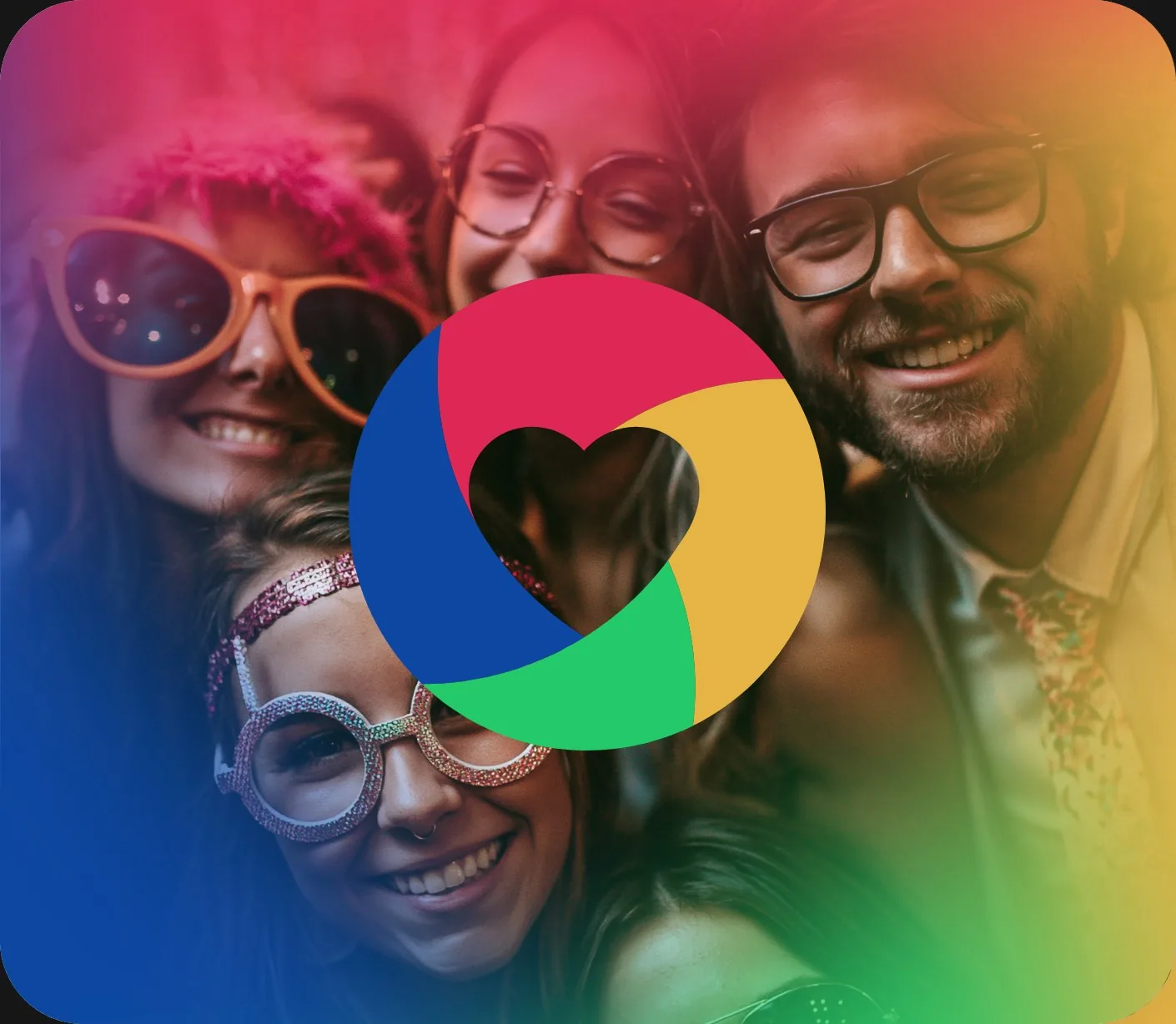 Fun360 - logo na tle roześmianych gości w zabawnych okularach