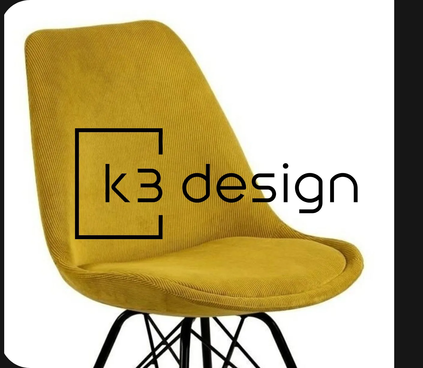 K3 Design - logo na tle żółtego tapicerowanego krzesła