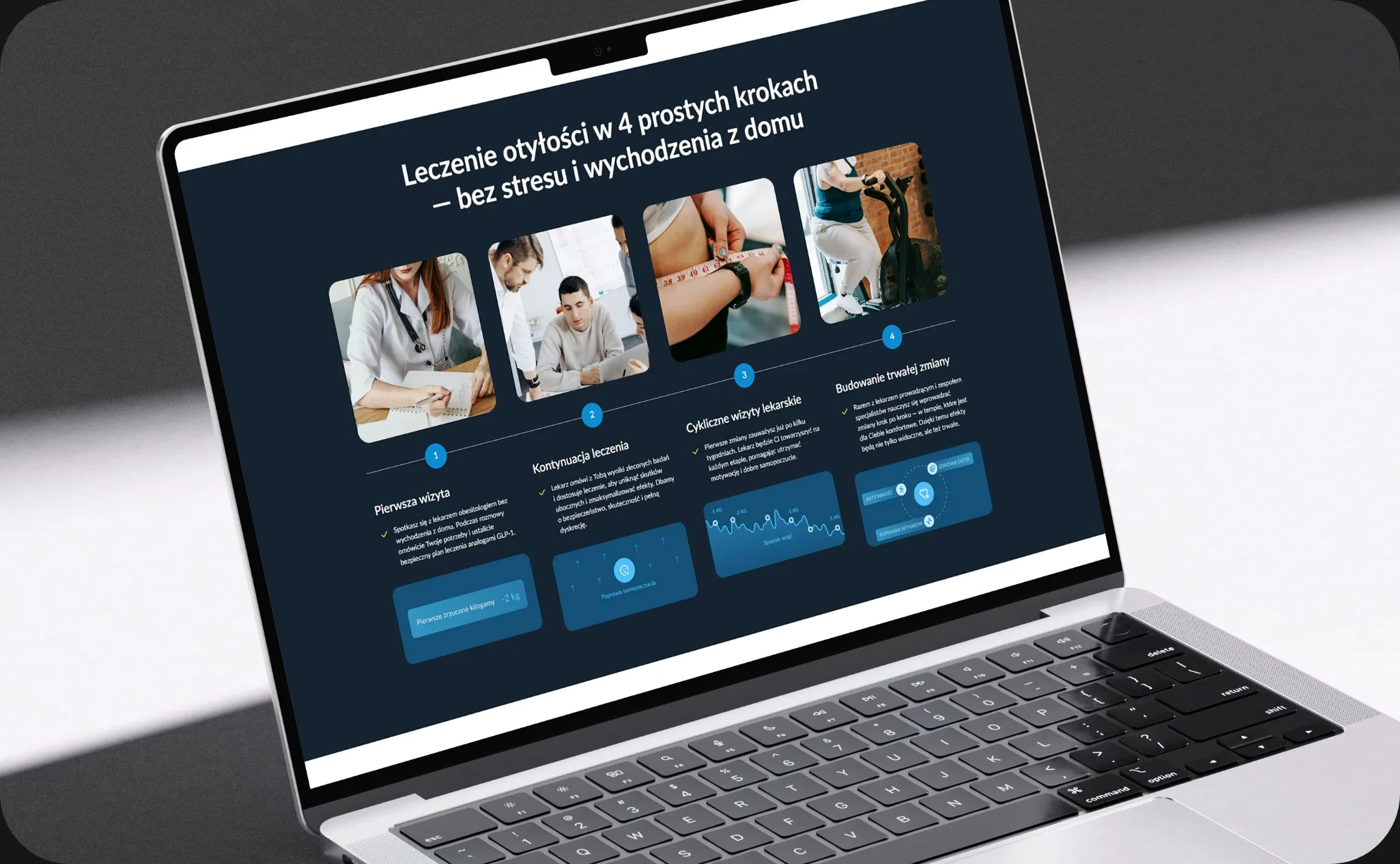 Ocelot Clinic - sekcja o leczeniu otyłości w 4 krokach na laptopie