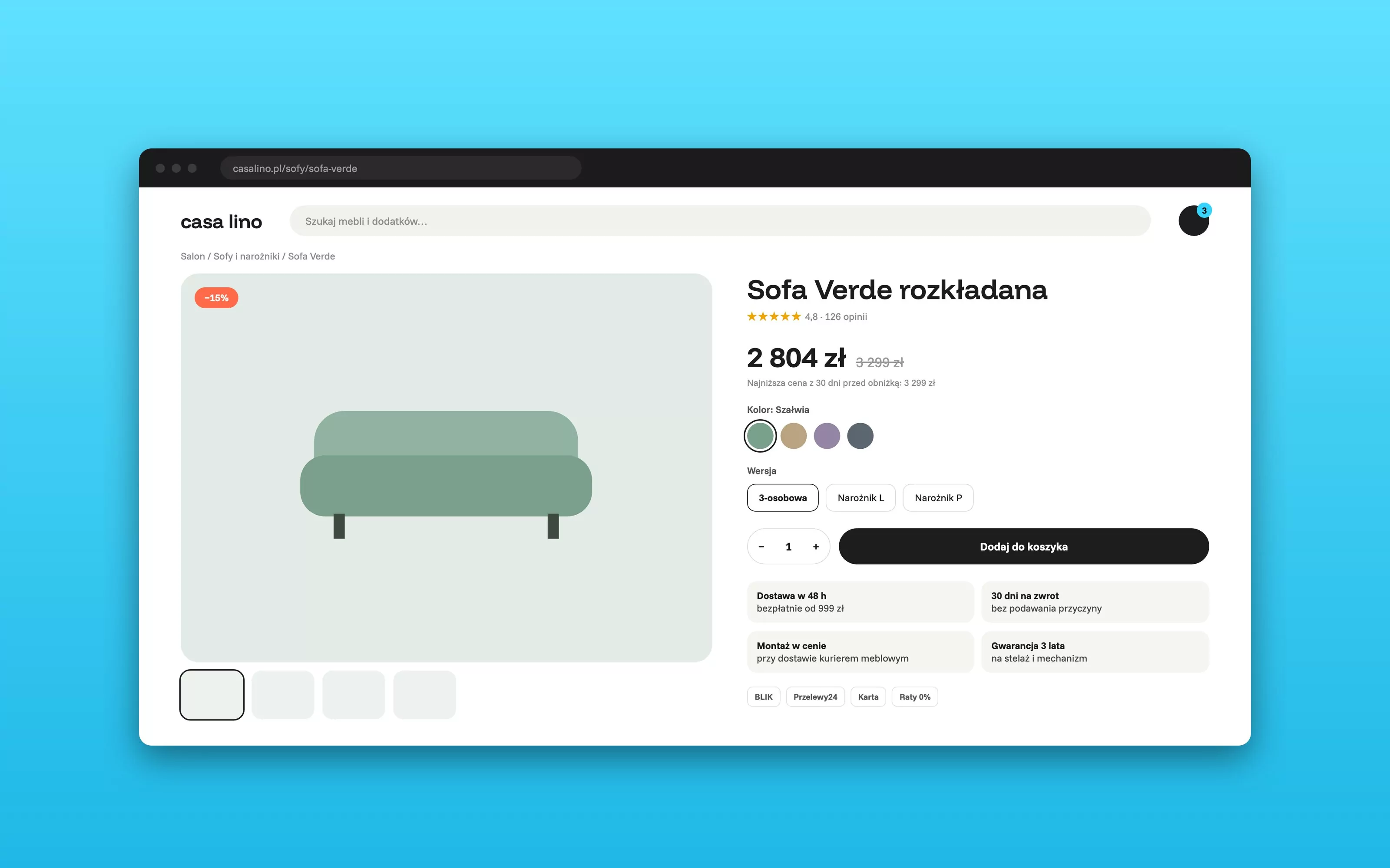 Przykładowa karta produktu w sklepie internetowym z ceną, wariantami i koszykiem
