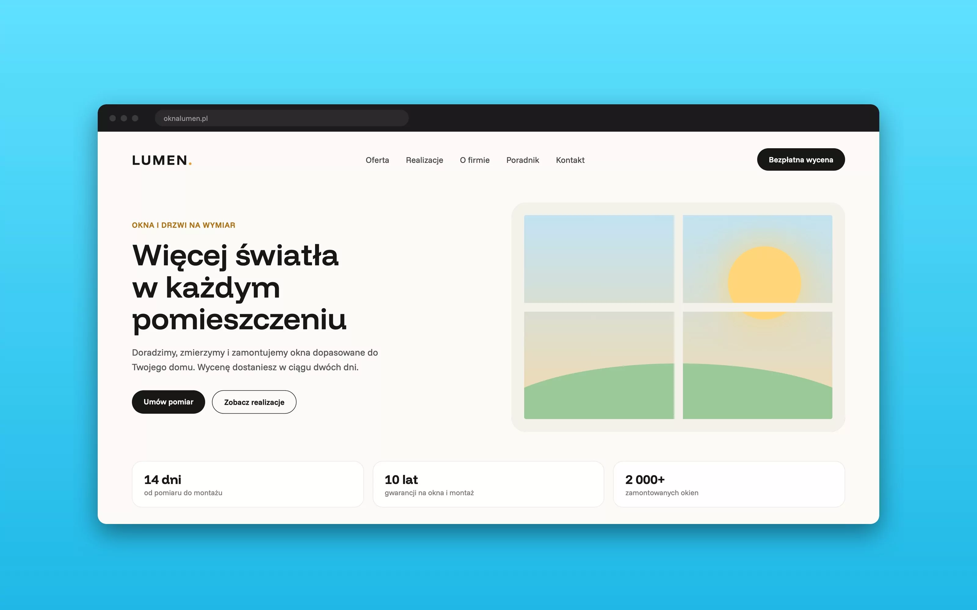 Przykładowa strona firmowa producenta okien z ofertą i przyciskiem wyceny