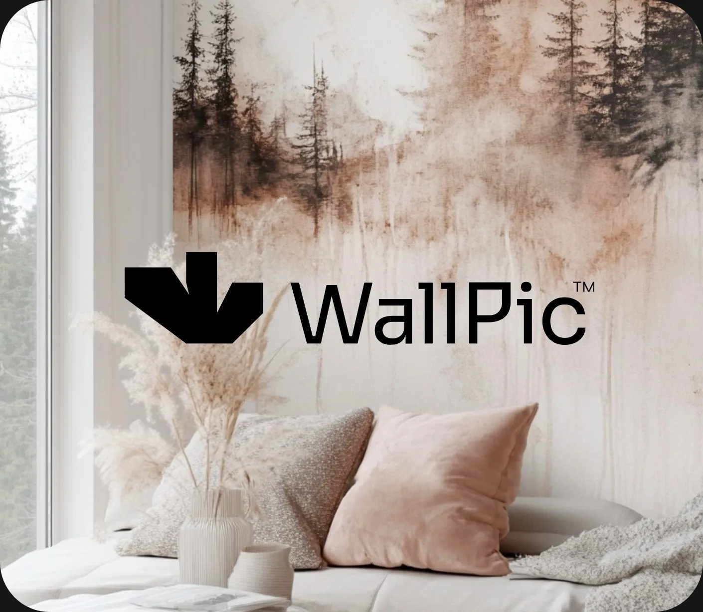 WallPic - logo na tle ściany z nadrukiem leśnego pejzażu